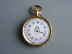 A LADY'S NINE CARAT GOLD ENCASED TOP WIND FOB WATCH with a delicate pink, blue and floral