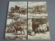 FOUR MINTON'S TRANSFER DECORATED TILES by Wise etc, three depicting common livestock, the other