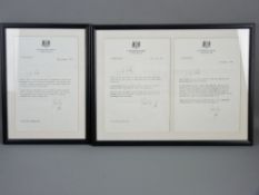 THREE FRAMED LETTERS to the late Miss Beata Brookes MEP from Prime Minister John Major, dated 28th