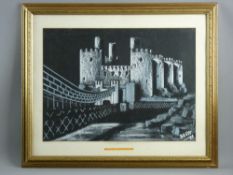 _ BRETT acrylic - Conwy Castle and Suspension Bridge at night, signed and dated 1975, 39.5 x 54 cms