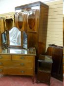 A MAHOGANY TWO DOOR WARDROBE with non-matching dressing chest, triple mirror, bedside cabinet and