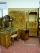 A GOOD EARLY 20th CENTURY FIGURED WALNUT BEDROOM SUITE of two door wardrobe, tallboy, triple