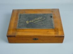 A MAHOGANY STATIONERY BOX, the lid having a leatherette panel with the word 'Papeterie'