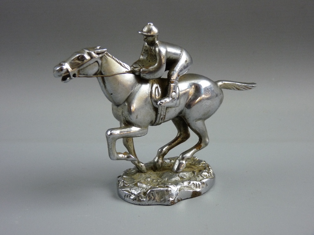 A HORSE & JOCKEY CAR MASCOT, probably 'Desmo' (unmarked), chrome plated brass, 11 cms high, 14 cms
