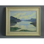 A A MOORE oil on board - Highland Lake scene, signed and dated 1962, 30 x 38.5 cms