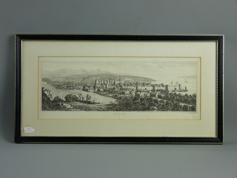 I G WOOD rare etching 1813 - Caernarfon from 'The Rivers of Wales', 19 x 49 cms