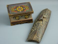 AN ORIENTAL CARVED TREEN & PAINTED PINE LIDDED BOX, fish basket lid forming the central section of a