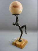 AN ART DECO STYLE FIGURAL LAMP showing a naked female in a dancing pose on a square alabaster base