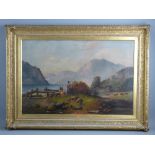 WELSH PRIMITIVE SCHOOL oil on canvas - three figures, one in female Welsh costume by a lakeside near