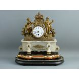 A FRENCH GILT METAL & ALABASTER MANTEL CLOCK with white enamel dial set with Arabic and Roman