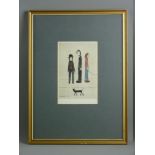 LAWRENCE STEPHEN LOWRY coloured guild stamped print - three figures and a cat, signed bottom