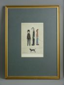 LAWRENCE STEPHEN LOWRY coloured guild stamped print - three figures and a cat, signed bottom