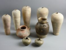 NINE ITEMS OF SONG DYNASTY POTTERY - two pairs plus one of unglazed narrow necked vases, an unglazed