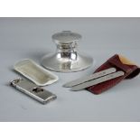 FOUR ITEMS OF SMALL HALLMARKED SILVER to include a capstan type lidded inkpot with no liner,