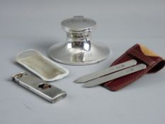 FOUR ITEMS OF SMALL HALLMARKED SILVER to include a capstan type lidded inkpot with no liner,