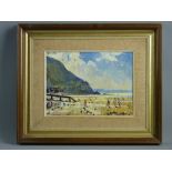 EDWIN (ED) FORREST oil on board - sunny day on Penmaenmawr Beach with numerous figures, signed, 21.5