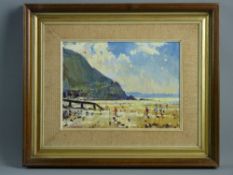 EDWIN (ED) FORREST oil on board - sunny day on Penmaenmawr Beach with numerous figures, signed, 21.5