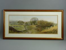 AFTER ALAN INGHAM coloured print - English upland farm with drovers, sheep and farmstead, 25 x 68