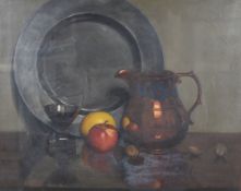 WILLIAM FIRTH oil on canvas - still life, copper lustre jug, pewter plate, wine glass, nuts and