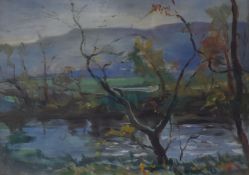 WILLIAM FIRTH oil on board - river scene with trees, 26 x 36cms Provenance: entered by granddaughter