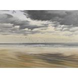 BRIAN YALE acrylic on canvas - expansive beach scene with breakers and low flying seagulls, entitled