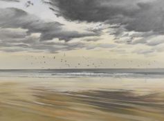 BRIAN YALE acrylic on canvas - expansive beach scene with breakers and low flying seagulls, entitled