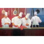 KEN AUSTER (American b. 1949) giclee canvas print - restaurant chef scene, signed with initials,