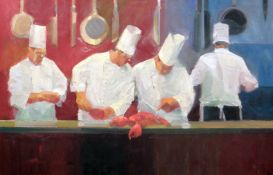 KEN AUSTER (American b. 1949) giclee canvas print - restaurant chef scene, signed with initials,