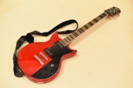 A RED HOFNER ELECTRIC GUITAR, cased, Chinese made, 99cms long