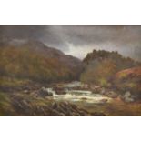 HARRY THOMPSON oil on canvas - Scottish river scene with dark clouds, entitled verso 'The Hero's