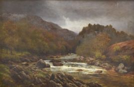 HARRY THOMPSON oil on canvas - Scottish river scene with dark clouds, entitled verso 'The Hero's