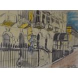 JOHN BRATBY coloured crayon and pencil - Georgian terraced street scene with female standing on