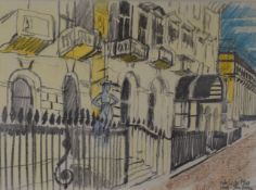 JOHN BRATBY coloured crayon and pencil - Georgian terraced street scene with female standing on
