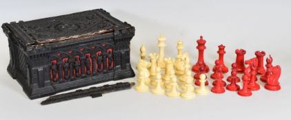 A FINE COMPLETE EARLY-VICTORIAN CHESS SET BY JAQUES, LONDON contained within a velvet lined Gothic