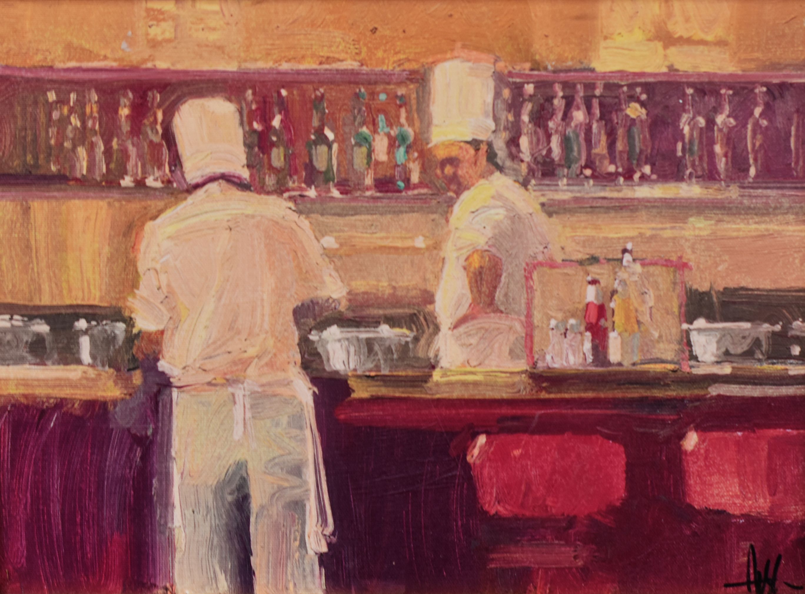 KEN AUSTER (American b. 1949) giclee canvas print - chef's in restaurant, signed, 30 x 40cms