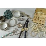 A PARCEL OF SILVER JEWELLERY, PEARLS, SILVER POCKET-WATCH ETC