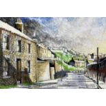 HOWELL DAVIES acrylic - South Wales valley street scene with terraced houses, entitled verso '
