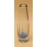 A LATE TWENTIETH CENTURY ART GLASS VASE of tapered form with narrow neck and with light blue