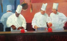 KEN AUSTER (American b.1949) giclee canvas print - group of chefs preparing food, 88 x 134cms