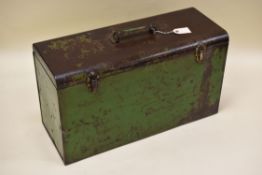 A GOOD VINTAGE PAINTED METAL TOOL-BOX partially covered in remnants of green paint, original