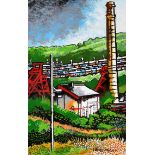 HOWELL DAVIES acrylic - industrial landscape with terraced houses and lush mountainside, entitled