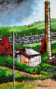 HOWELL DAVIES acrylic - industrial landscape with terraced houses and lush mountainside, entitled