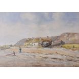 J HARRIS watercolour - figure standing on shoreline with fisherman's cottage and beached boats in