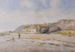J HARRIS watercolour - figure standing on shoreline with fisherman's cottage and beached boats in