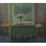 DAVID TINDLE print - still life of flowers in bottle on covered table, flanked by wine tables with