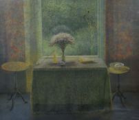 DAVID TINDLE print - still life of flowers in bottle on covered table, flanked by wine tables with