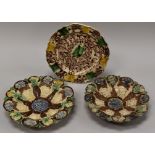 A WHIELDON WARE POTTERY PLATE & PAIR OF E BINGHAM DISHES the Whieldon plate with crimped rim and