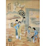 JAPANESE SCHOOL paintings on silk, a pair - depicting scenes from Japanese fables, the first 142 x