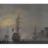 LEONARD JONES oil on board - historic British Naval scene with ships and boats in harbour, signed,