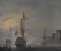 LEONARD JONES oil on board - historic British Naval scene with ships and boats in harbour, signed,